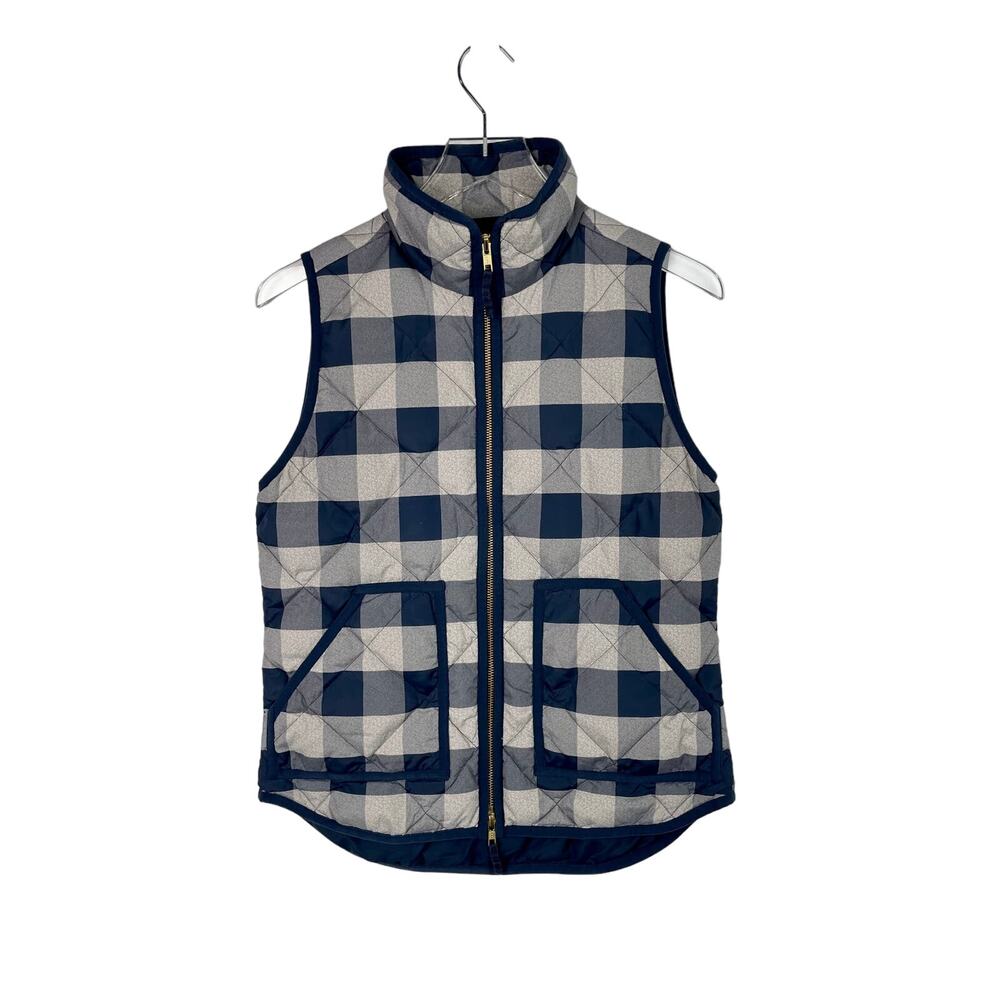J.Crew Womens Down Puffer Zip Vest Beige Navy Plaid Size XS